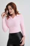 Pembe V Yaka Esnek Crop Yumoş Kazak