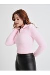 Pembe V Yaka Esnek Crop Yumoş Kazak