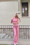 Pembe Yanları Büzgülü Gofre Kumaş Pantolon Crop İkili Takım