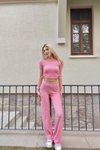 Pembe Yanları Büzgülü Gofre Kumaş Pantolon Crop İkili Takım