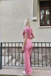 Pembe Yanları Büzgülü Gofre Kumaş Pantolon Crop İkili Takım