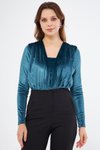 Petrol Kadife Büzgü Detay Uzun Kol Esnek Kumaş Çıtçıtlı Body