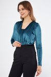 Petrol Kadife Büzgü Detay Uzun Kol Esnek Kumaş Çıtçıtlı Body