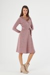 Pudra Midi Kruvaze Yaka Bağlama Detaylı Kışlık Triko Elbise