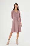 Pudra Midi Kruvaze Yaka Bağlama Detaylı Kışlık Triko Elbise