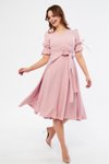 Pudra Midi Kruvaze Yaka Büzgülü Kısa Kol Kolları Lastikli Kuşaklı Abiye Elbise