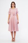 Pudra Midi Kruvaze Yaka Büzgülü Kısa Kol Kolları Lastikli Kuşaklı Abiye Elbise