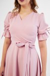 Pudra Midi Kruvaze Yaka Büzgülü Kısa Kol Kolları Lastikli Kuşaklı Abiye Elbise
