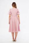 Pudra Midi Kruvaze Yaka Büzgülü Kısa Kol Kolları Lastikli Kuşaklı Abiye Elbise