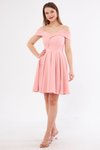 Pudra Mini Askılı Kayık Yaka Detay Pileli Kloş Abiye Elbise