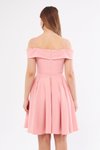 Pudra Mini Askılı Kayık Yaka Detay Pileli Kloş Abiye Elbise