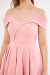 Pudra Mini Askılı Kayık Yaka Detay Pileli Kloş Abiye Elbise
