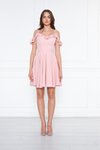 Pudra Mini Ayarlanabilir Askılı Yaka Fırfır Detay Dokuma Kumaş Pileli Kloş Abiye Elbise