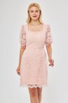 Pudra Mini Fransız Dantel Balon Kol Kare Yaka Abiye Elbise