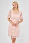 Pudra Mini Fransız Dantel Balon Kol Kare Yaka Abiye Elbise