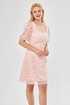 Pudra Mini Fransız Dantel Balon Kol Kare Yaka Abiye Elbise