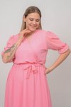 Pudra Pembe Midi Kruvaze Yaka Büyük Beden Kuşaklı Şifon Elbise