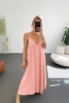 Pudra Uzun Ayarlanabilir İnce Askılı Elbise