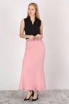 Pudra Uzun Kemer Detaylı Yüksek Bel Parçalı Etek