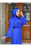 Saks Biye Kemerli Balon Kol Saten Tesettür Abiye Elbise