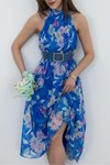 Saks Midi Halter Yaka Kemerli Şifon Elbise