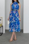 Saks Midi Halter Yaka Kemerli Şifon Elbise