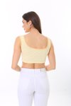 Sarı Beyaz Çizgili Askılı Fitilli Crop Örme Bluz