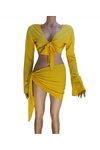 Sarı İspanyol Kol Asimetrik Tarz Salaş Bağlama Detaylı Plaj Takım