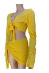 Sarı İspanyol Kol Asimetrik Tarz Salaş Bağlama Detaylı Plaj Takım