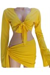 Sarı İspanyol Kol Asimetrik Tarz Salaş Bağlama Detaylı Plaj Takım