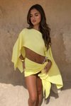 Sarı Kadın Yarasa Kol Asimetrik Tarz Salaş Bağlama Detaylı Plaj Takımı
