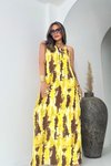 Sarı Kahve Uzun Desenli Askılı Sarı-kahve Elbise