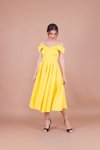 Sarı Midi Askılı Düşük Omuz Detay Pileli Abiye Elbise