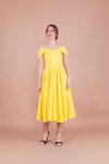Sarı Midi Askılı Düşük Omuz Detay Pileli Abiye Elbise