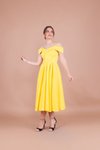 Sarı Midi Askılı Düşük Omuz Detay Pileli Abiye Elbise