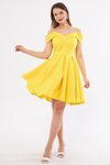 Sarı Midi Askılı Kayık Yaka Detay Pileli Kloş Abiye Elbise