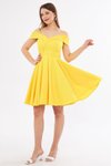 Sarı Midi Askılı Kayık Yaka Detay Pileli Kloş Abiye Elbise