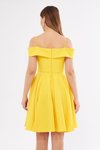 Sarı Midi Askılı Kayık Yaka Detay Pileli Kloş Abiye Elbise