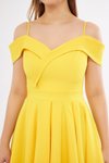 Sarı Midi Askılı Kayık Yaka Detay Pileli Kloş Abiye Elbise