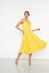 Sarı Midi Ayarlanabilir Askılı Yaka Fırfır Detay Dokuma Kumaş Pileli Kloş Abiye Elbise