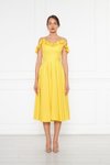 Sarı Midi Ayarlanabilir Askılı Yaka Fırfır Detay Dokuma Kumaş Pileli Kloş Abiye Elbise