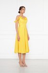 Sarı Midi Ayarlanabilir Askılı Yaka Fırfır Detay Dokuma Kumaş Pileli Kloş Abiye Elbise