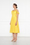 Sarı Midi Ayarlanabilir Askılı Yaka Fırfır Detay Dokuma Kumaş Pileli Kloş Abiye Elbise
