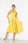 Sarı Midi Ayarlanabilir Askılı Yaka Fırfır Detay Dokuma Kumaş Pileli Kloş Abiye Elbise