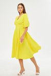 Sarı Midi Balon Kol V Yaka Korsaj Kemer Detay Süs Düğmeli Göğüs Pileli Dokuma Dökümlü Kumaş Elbise