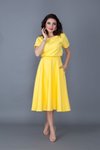 Sarı Midi Beli Lastikli Cepli Yarasa Kol Elbise