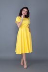 Sarı Midi Beli Lastikli Cepli Yarasa Kol Elbise