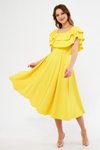 Sarı Midi Carmen Fırfır Yaka Düşük Omuz Dökümlü Dokuma Kumaş Mezuniyet &amp; Abiye Elbise
