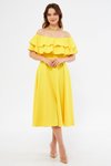 Sarı Midi Carmen Fırfır Yaka Düşük Omuz Dökümlü Dokuma Kumaş Mezuniyet &amp; Abiye Elbise