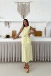 Sarı Midi Düğmeli Önü Kemerli Elbise
